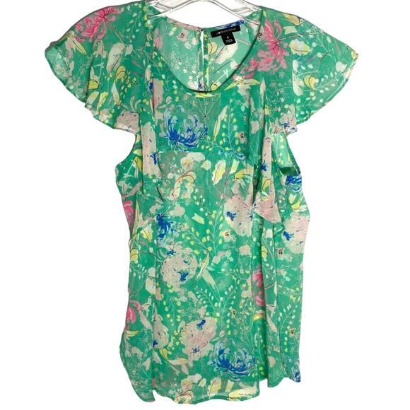 I Heart Ronson Flutter-Sleeve Top Green Peony Spring Blouse -S EUC - Picture 3 of 11